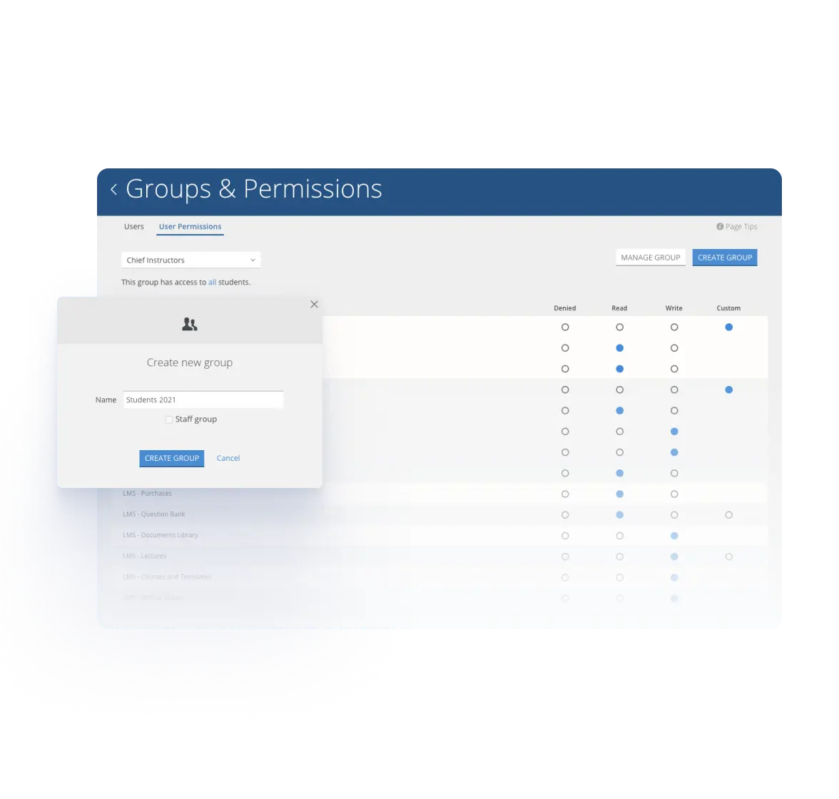 User groups and permissions